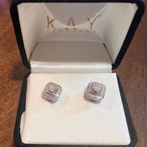 SOLD-Kay Jewelers Square Halo Sterling Silver Sparkly Stud Earrings – New in Box